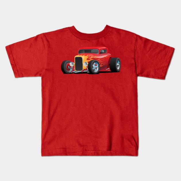 Classic Bold Red Custom Street Rod Car with Yellow and Orange Hotrod Flames Kids T-Shirt by hobrath